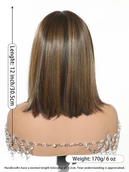 13x6 HD Transparent Lace Front Bob Wig 12" Short Straight Highlight Brown Blonde Synthetic Wigs for Women Glueless Pre Plucked