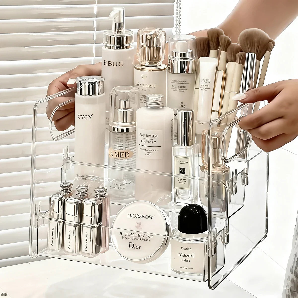 1pc Transparent Portable Three Compartment Cosmetic Storage Box desktop Dresser Large Capacity Skin Care Perfume Display Rack
