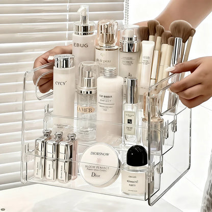 1pc Transparent Portable Three Compartment Cosmetic Storage Box desktop Dresser Large Capacity Skin Care Perfume Display Rack