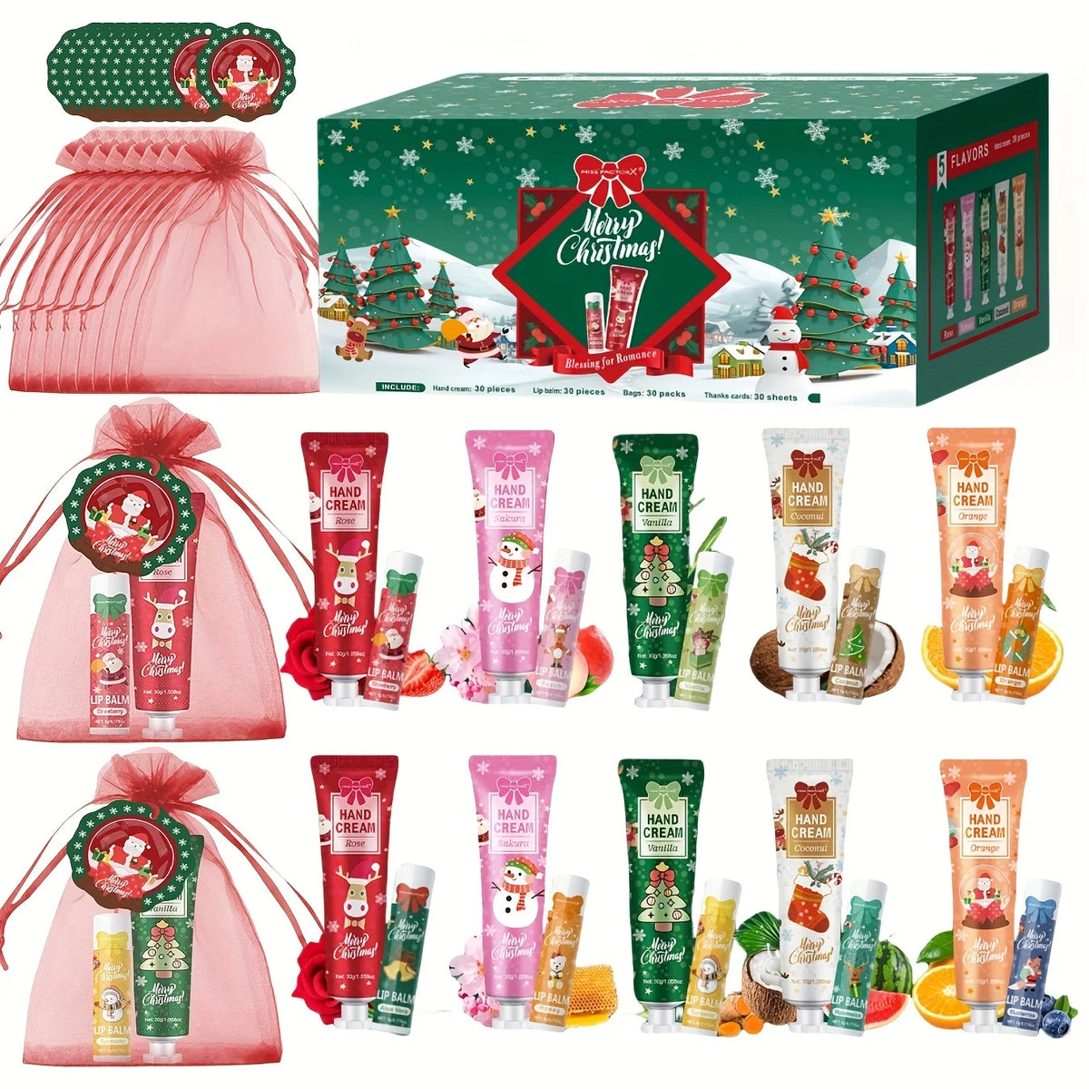 30 Sets per Box. Assorted Moisturizing Lip Balms and Hand Creams. Perfect for Christmas Giveaways and New Year Gifts.