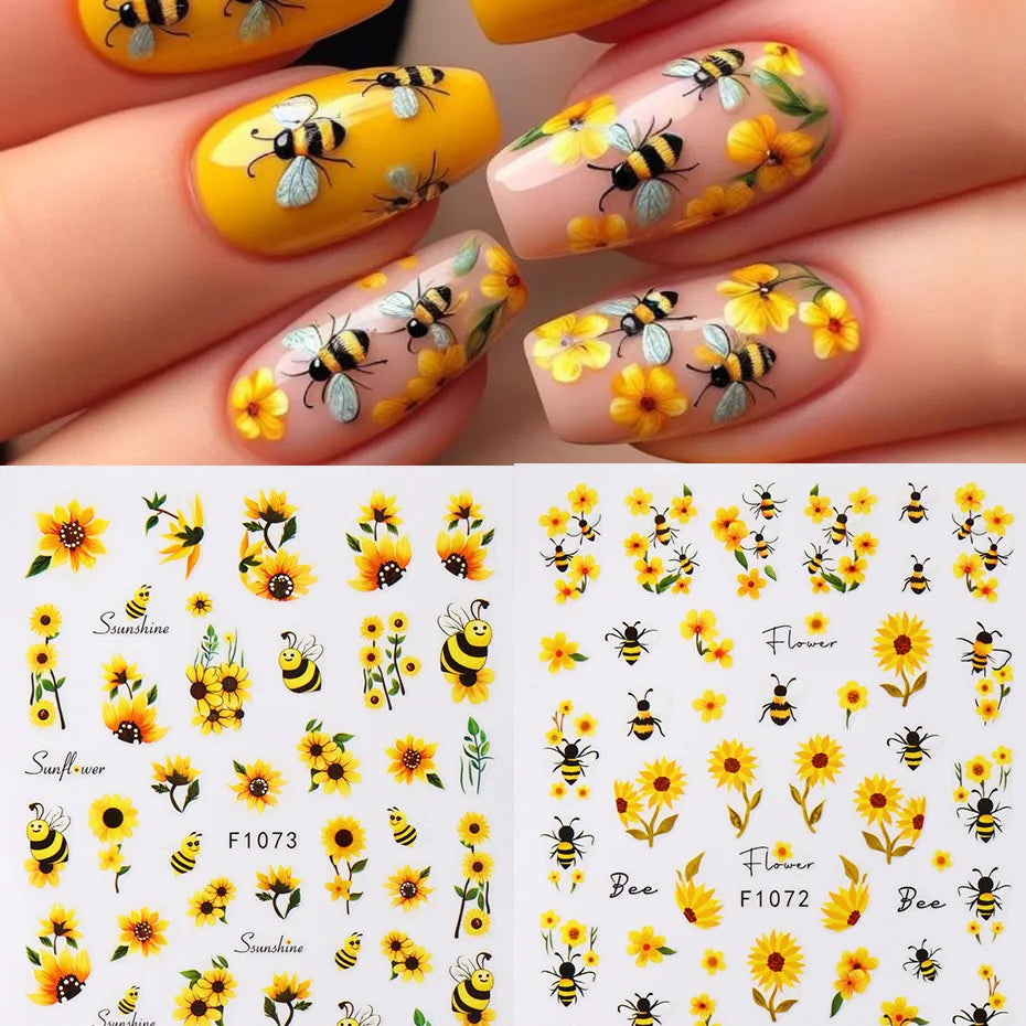 Bee Sunflower Floral Nail Art Stickers with Yellow Daisy Flower Garden Nail Decals Self-Adhesive Sliders DIY Nail Supplies