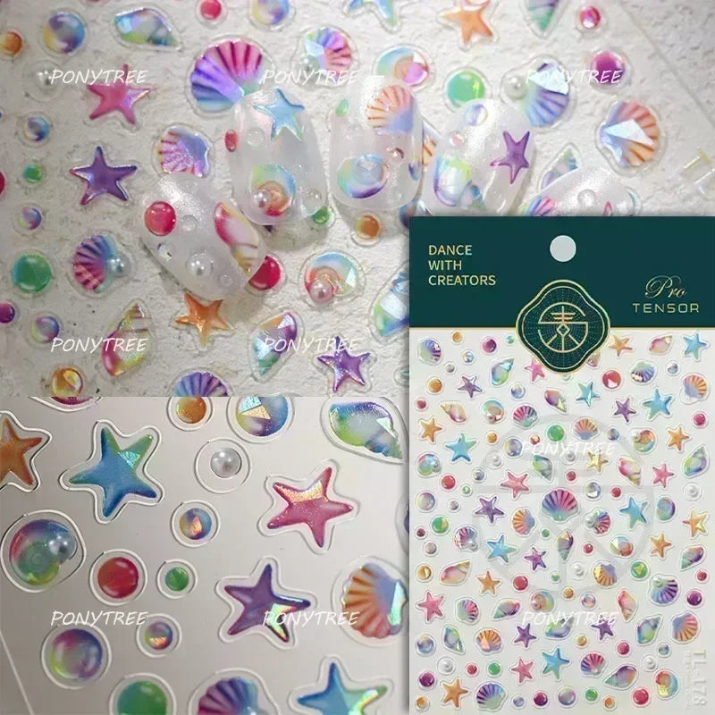 Gold Stamped Shell Conch Scallop Starfish Pearl 5D Embossed Self Adhesive Nail Art Stickers Delicate Ocean Style Manicure Decals