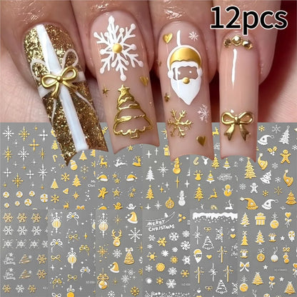 12pcs Gold White Snowflakes Snowman Santa Claus Christmas Nail Stickers Xmas Tree Elk Bow Nail Decals Winter Xmas Nail Supplies