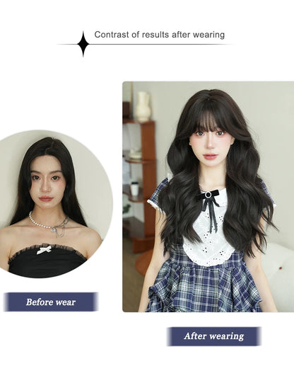 NAMM Costume Wig Synthetic Body Wavy Dark Brown Wig For Women Daily Use High Density Layered Hair Wigs With Fluffy Bangs