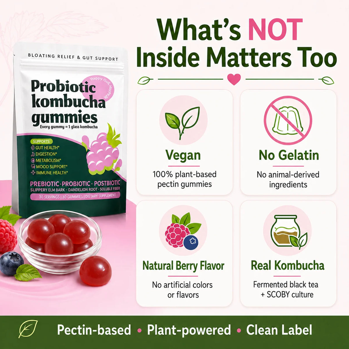 Probiotic Kombucha Gummies Berry 30 Ct Prebiotic Postbiotic Gut Health Digestion Bloating Relief Immune Vegan Non-GMO Supplement