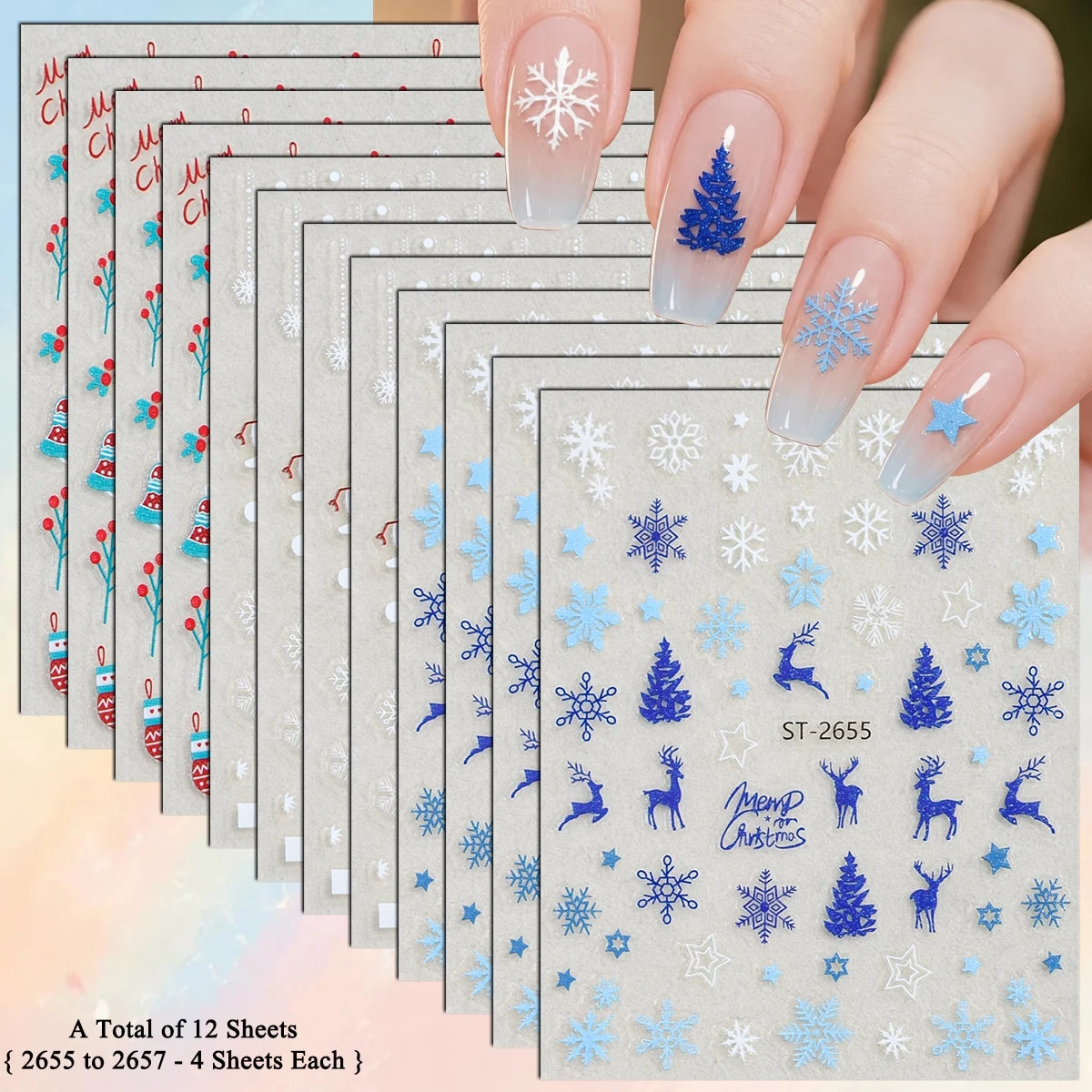 3 to 12 Sheets 3D Christmas Santa Snowman Reindeer Tree Snowflake Lights Gnome Self-Adhesive Nail Art Stickers