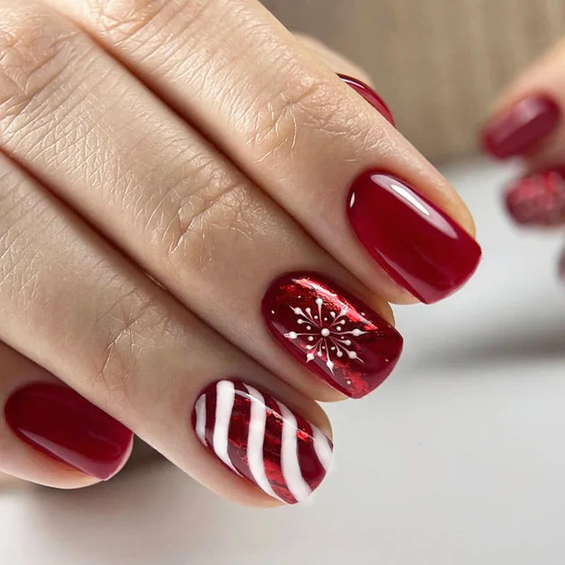 24PCS Short Christmas Press On Nails, Autumn Winter Ins European American Style False Nail Tips, Removable Manicure Nail Patches