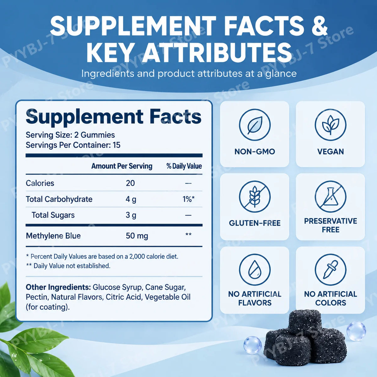 Methylene Blue Gummies with PQQ NAC Vitamin B2 & B3, Supports Cognitive Clarity & Cellular Energy Brain Nutrient for Adults 30Ct