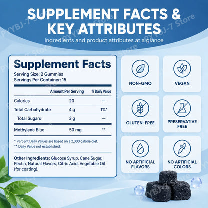 Methylene Blue Gummies with PQQ NAC Vitamin B2 & B3, Supports Cognitive Clarity & Cellular Energy Brain Nutrient for Adults 30Ct