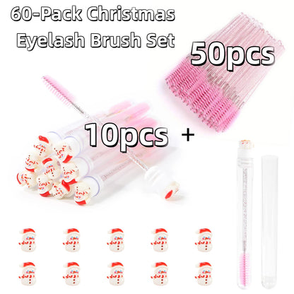 60Pcs Christmas Eyelash Brush with Tube Replaceable Mascara Wand Spoolie Dustproof Lash Tech Supplies Reusable Eyebrow Xmas Gift