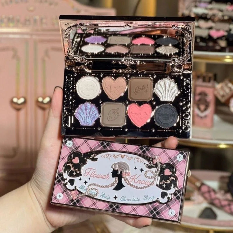 Flower Knows Chocolate Shop Highly Pigmented Eyeshadow Palette Shimmer Matte Glitter Long Lasting Vegan Eye Shadows Cruelty-free
