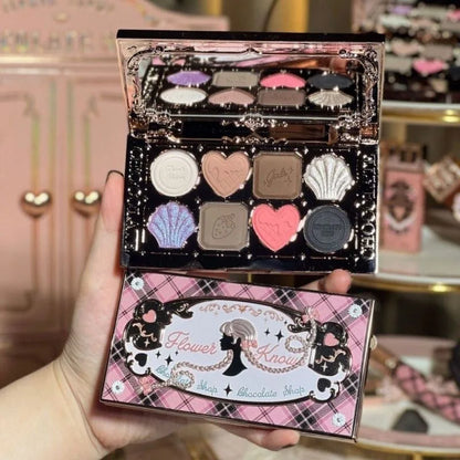 Flower Knows Chocolate Shop Highly Pigmented Eyeshadow Palette Shimmer Matte Glitter Long Lasting Vegan Eye Shadows Cruelty-free