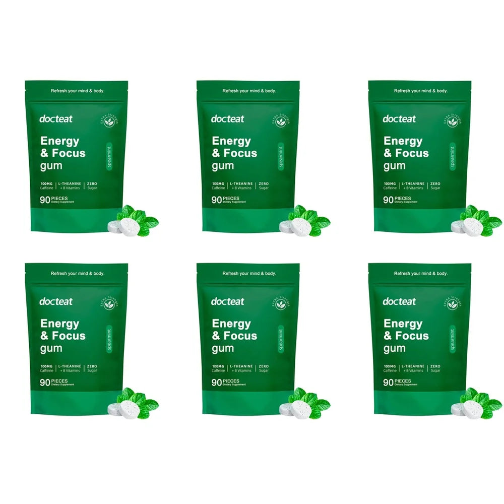 Energy & Focus Gum Extra Chewable Tablets with Natural Caffeine, L-Theanine, Vitamin B6 and B12, Sugar Free, 90 Pieces