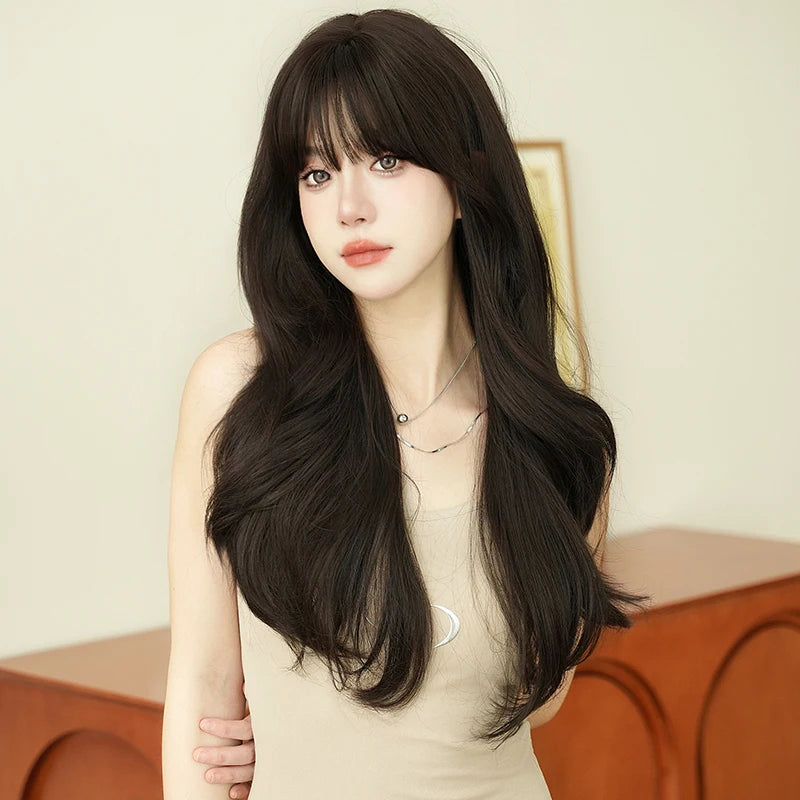 NAMM Costume Wig Synthetic Body Wavy Dark Brown Wig For Women Daily Use High Density Layered Hair Wigs With Fluffy Bangs