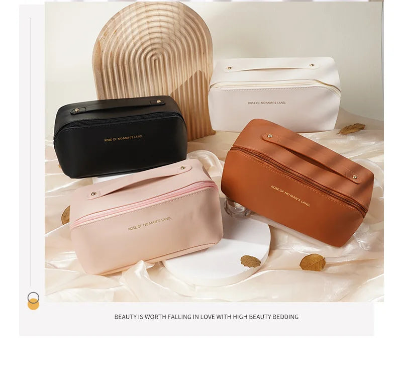 Women Travel Makeup Bag PU Cosmetic Organizer Large Capacity Toiletry Bag Wide Opening Portable Wash Bag
