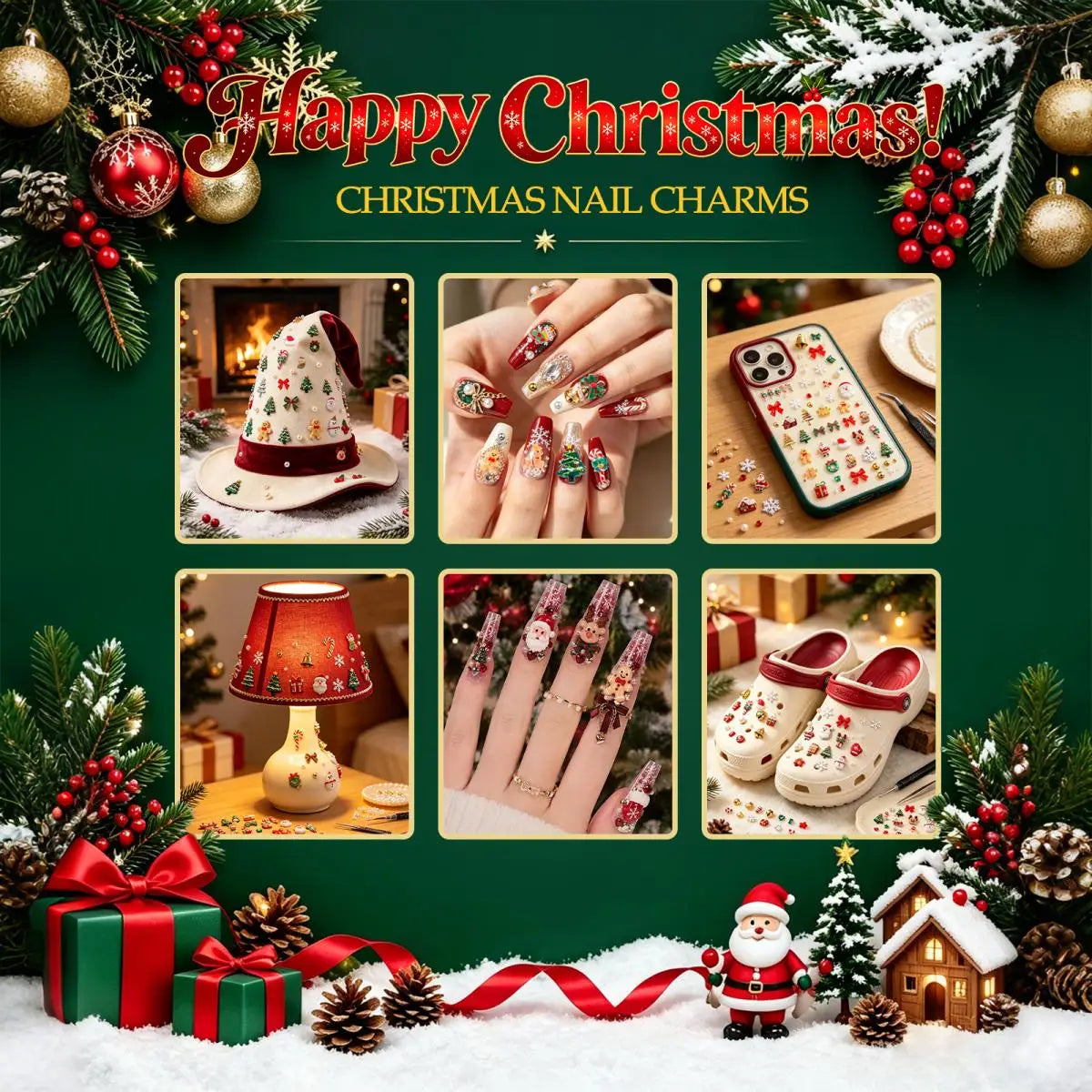 1Box Cartoon Creative Elk Santa Claus Gloves Bow Nail Art Decorations Cute Socks Bell Resin Nail Charms for DIY Christmas Nails