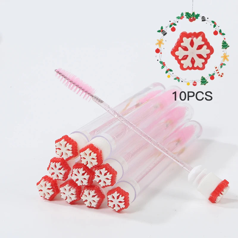 10Pcs Christmas Eyelash Brushes Set Santa Mascara Wand with Case Spoolie Eyebrow Comb Festive Makeup Tool Xmas Gift for Women