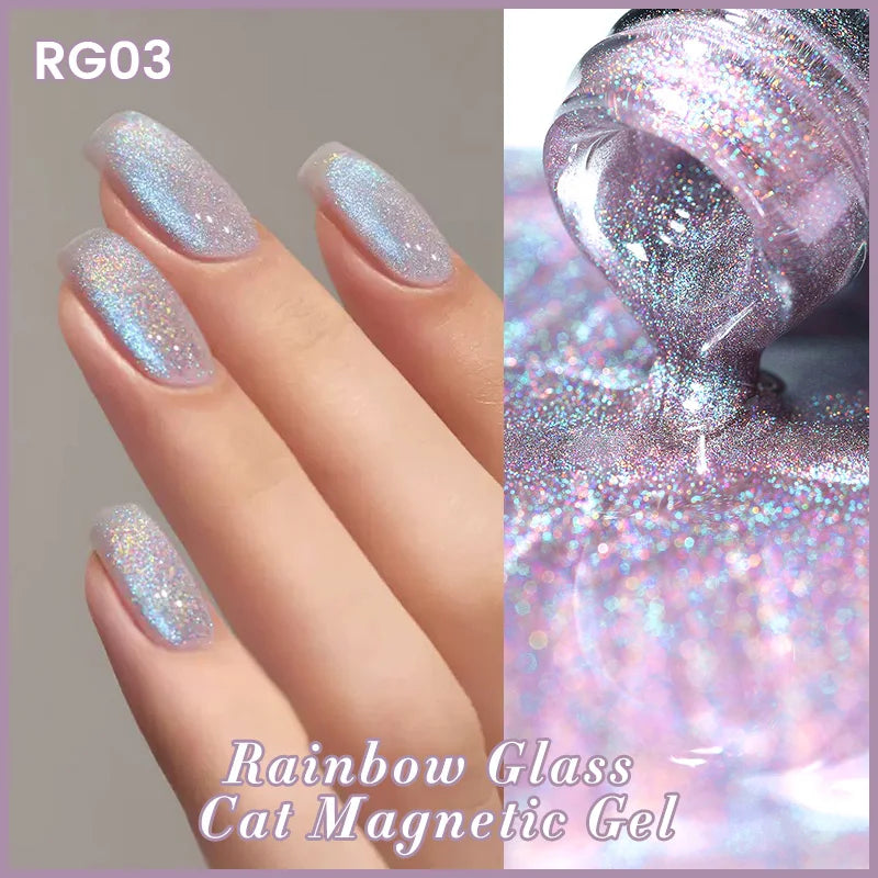 BORN PRETTY 10ml Rainbow Glass Cat Magnetic Nail Gel Polish Sparkling Double Light Reflective Glitter Colorful Laser Varnish