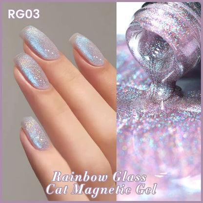 BORN PRETTY 10ml Rainbow Glass Cat Magnetic Nail Gel Polish Sparkling Double Light Reflective Glitter Colorful Laser Varnish