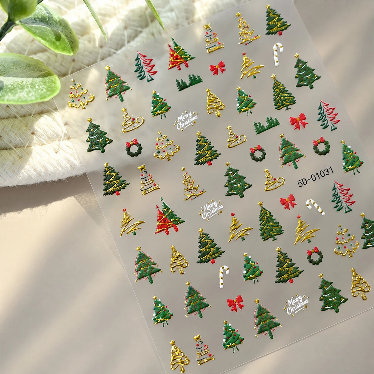 1pcs Gold-foiled Christmas Tree 5D Nail Stickers Bow Holly Snowflake Wreath Christmas Nail Decals Cartoon Merry Christmas Decora