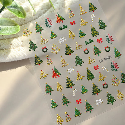 1pcs Gold-foiled Christmas Tree 5D Nail Stickers Bow Holly Snowflake Wreath Christmas Nail Decals Cartoon Merry Christmas Decora