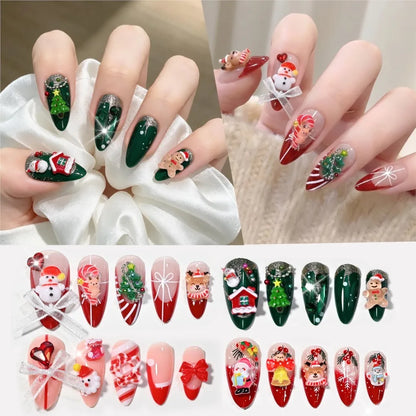 96PC 3D Red Green Medium Almond Christmas Press On Nails Cute Elk/Bell/Snowman/Santa Claus/Xmas Tree Fake Nails Full Cover Nails