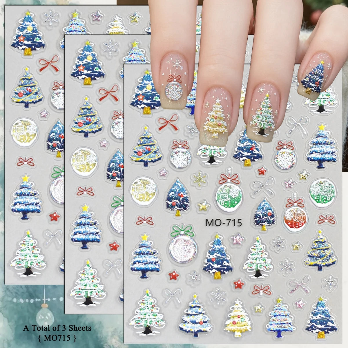 3 to 12 Sheets 5D Holographic Christmas Tree Snowflake Ornament Wreath Reindeer Glitter Self-Adhesive Nail Art Stickers