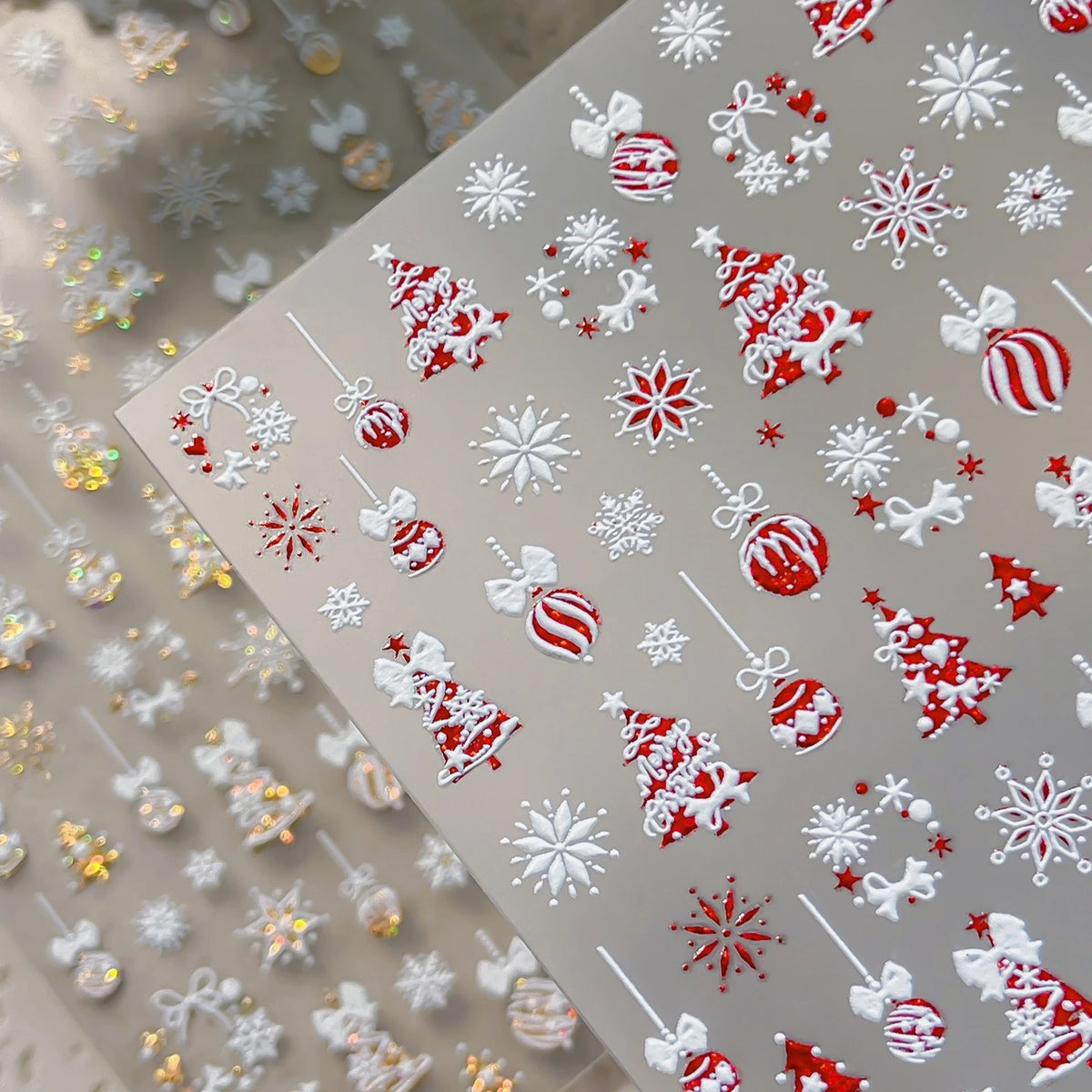 Tender Blue Christmas Tree Hanging Ball Ribbon Gold Star Snowflakes Bowknot Ring Adhesive Nail Charms Art Sticker Manicure Decal