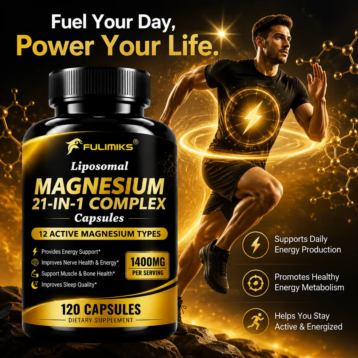 Magnesium 21-in-1 Capsules L-Theanine Ashwagandha CoQ10 B6 B12 D3 C Zinc, Support Nerve Relieve Stress Sleep Muscle Bone Health