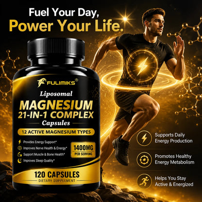 Magnesium 21-in-1 Capsules L-Theanine Ashwagandha CoQ10 B6 B12 D3 C Zinc, Support Nerve Relieve Stress Sleep Muscle Bone Health