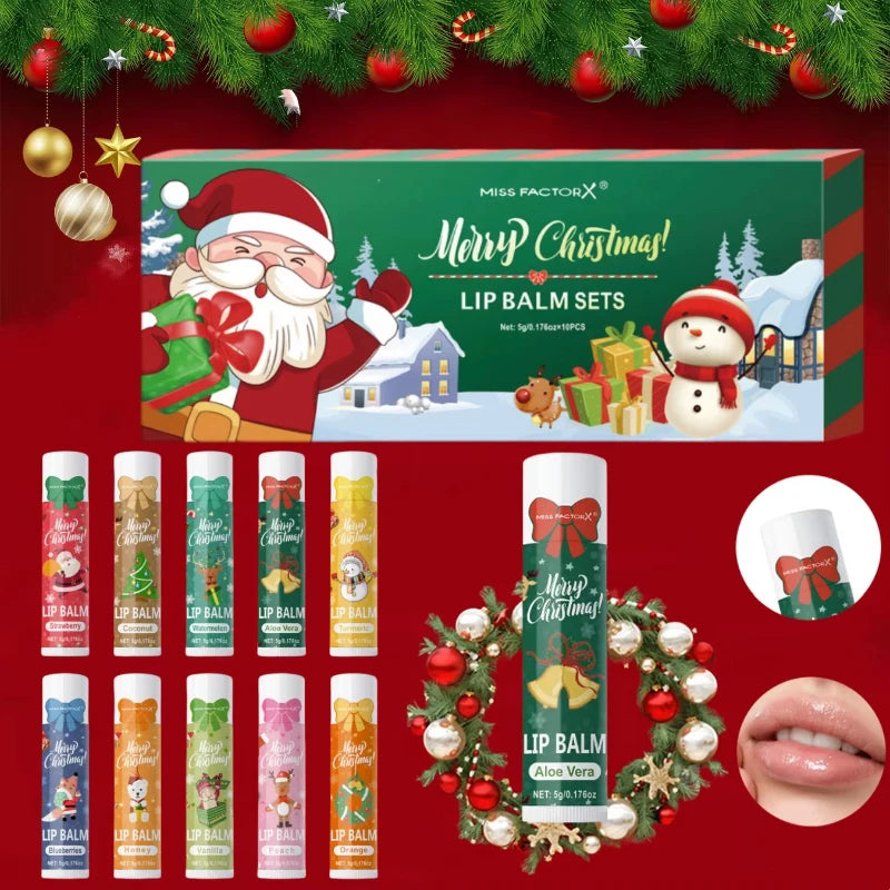 Christmas Lip Balm Set 10Pcs Multiple Flavors Moisturizing Nourishing Dry Lip Care Portable Holiday Gift Lip Balms