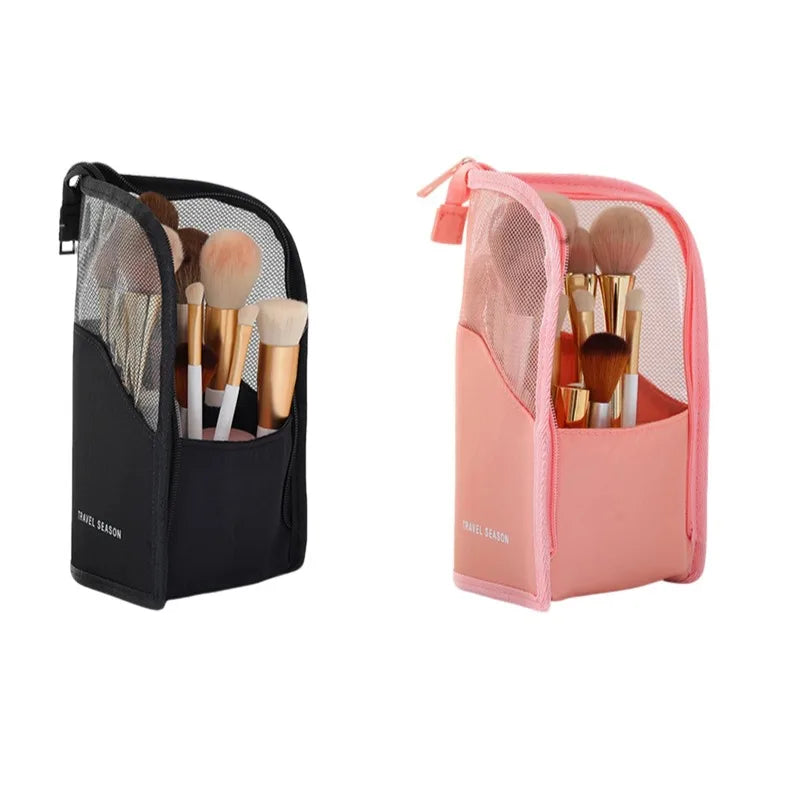 New Standing Makeup Brush Holder Bag 2 in 1 Travel Cosmetic Pouch Mesh Waterproof Portable Toiletry Storage Organizer