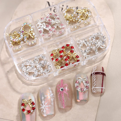 3D Christmas Nail Art Charms; Gold & Silver Bows and Wreaths; Cute Winter Designs for DIY Manicures and Salon Accessories