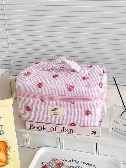 1PC Pink Strawberry Women Cosmetic Quilted Bag Portable Travel Organizer Toiletry Makeup Storage Pouch Handbag Ladies Zipper Bag