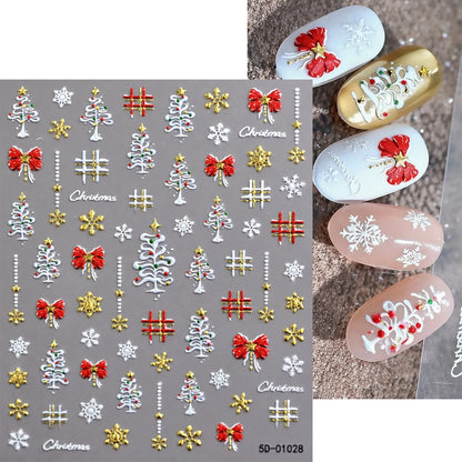 1pcs Gold-foiled Christmas Tree 5D Nail Stickers Bow Holly Snowflake Wreath Christmas Nail Decals Cartoon Merry Christmas Decora