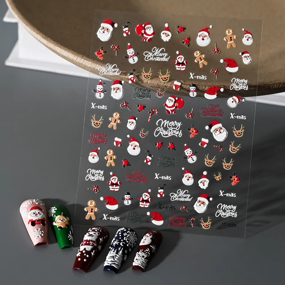 2pcs 5D Christmas Nail Stickers Waterfall Snowflakes Santa Claus Elk Gingerbread Nail Decals  Embossed Winter  Xmas Manicure Set