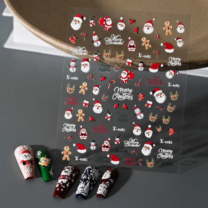 2pcs 5D Christmas Nail Stickers Waterfall Snowflakes Santa Claus Elk Gingerbread Nail Decals  Embossed Winter  Xmas Manicure Set