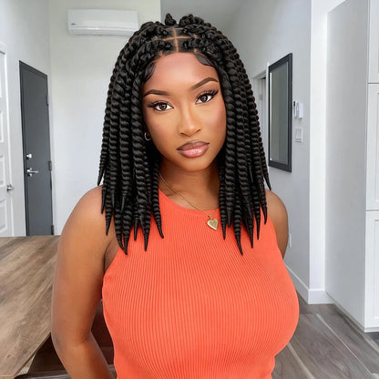 16 Inches Short Synthetic Full Lace Twist Braided Wigs Natural Knotless Box Braiding Wig for Black Women
