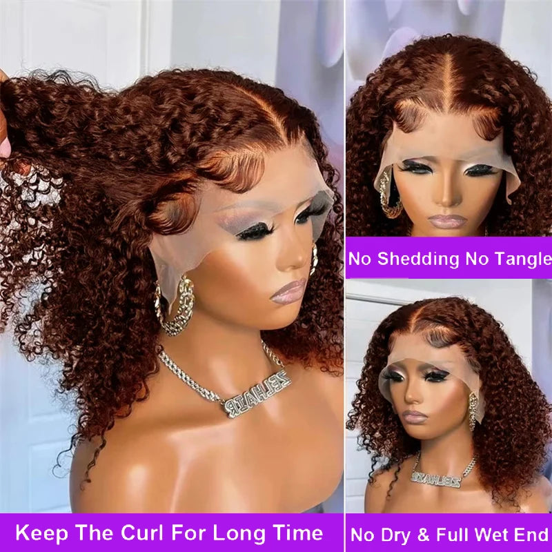 Chocolate Brown 200% Density Deep Curly 13x4 Lace Frontal Bob Wig Water Wavy Human Hair Wigs Pre Plucked Virgin Wet And Hair #4
