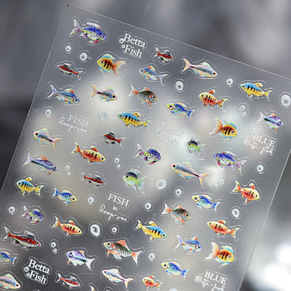 5D Deep Sea Fish Nail Art Stickers Shimmery Bubble Colorful Marine Life Nail Decals Summer Ocean Self Adhesive Manicure Decal