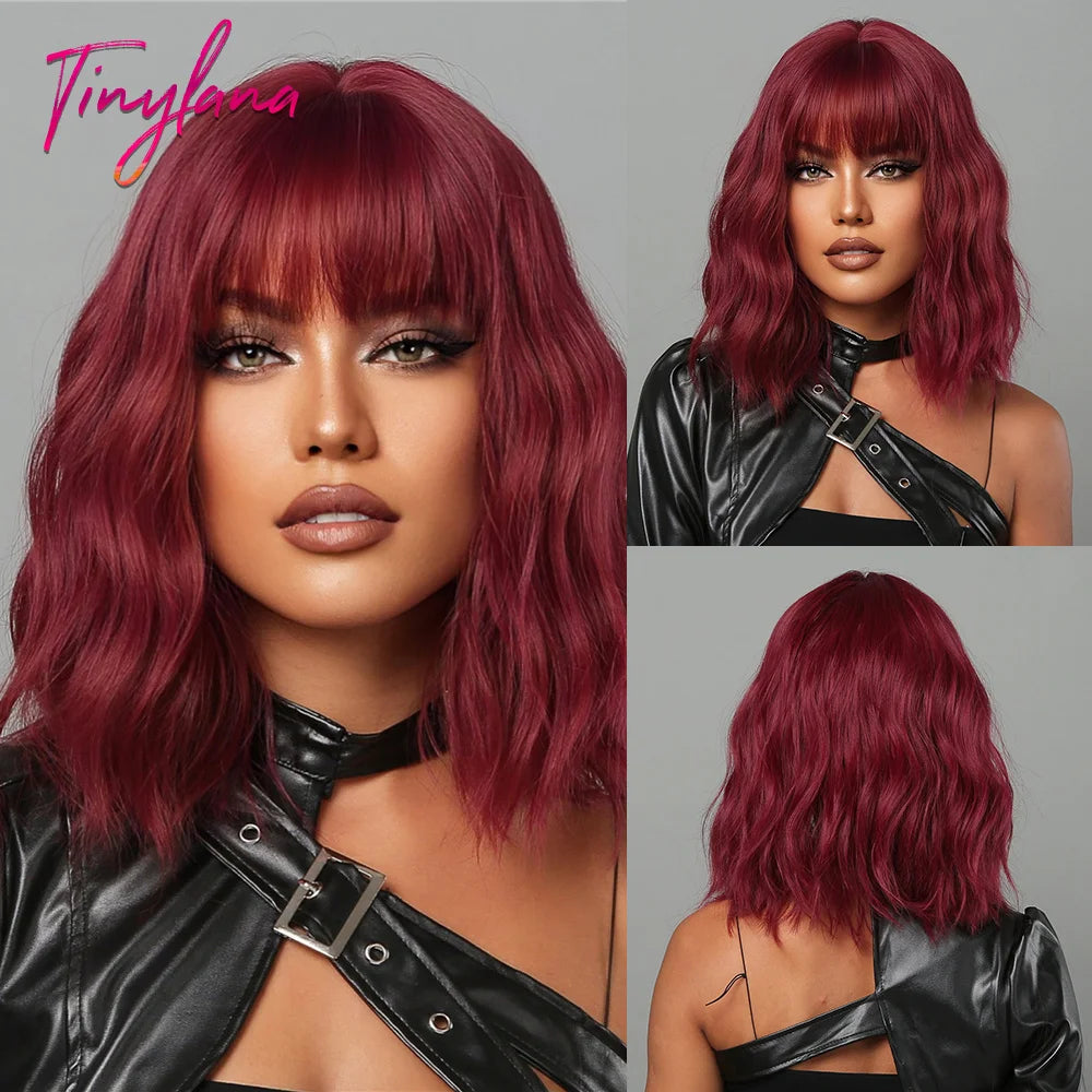 Curly Short Bob Brown Wavy Synthetic Wigs with Bangs Lolita Cosplay Brown Wig for Women Natural Daily Party Hair Heat Resistant