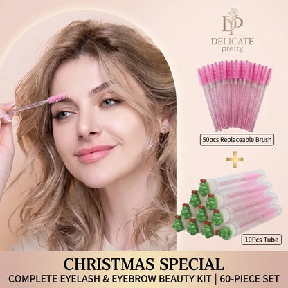 10PCS Christmas Mascara Wand in Tube with 50pcs Nylon Bristles for Eyelash Extension and Replacement Eyelash Brush Eyelash Comb