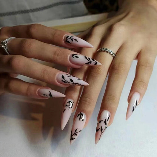 24pcs Glossy Black Fake Nails Set Press On Nail Tips Solid Color Long Stiletto Removable Artificial Nails Decoration Nail Art
