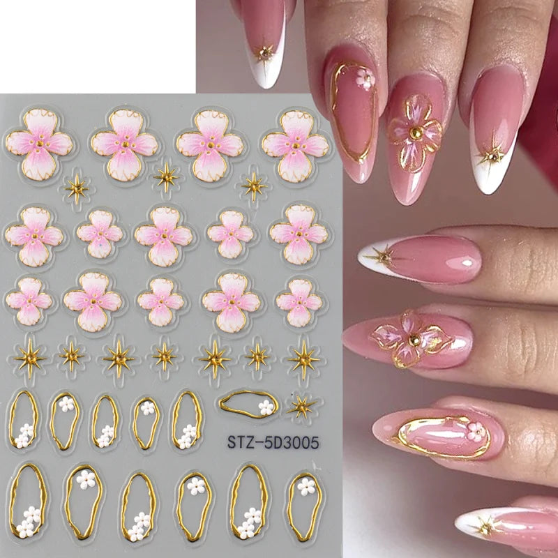 5D Floral Embossed Nail Stickers Bronzing Hibiscus Flower Petals Star Frame Elegant Nail Art Decals for Spring Summer Decor