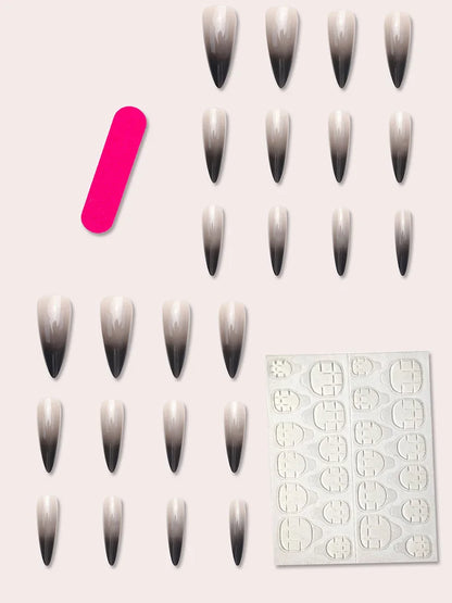 24 piece long pointed black gradient pattern glossy fake nail set enhances your Halloween style