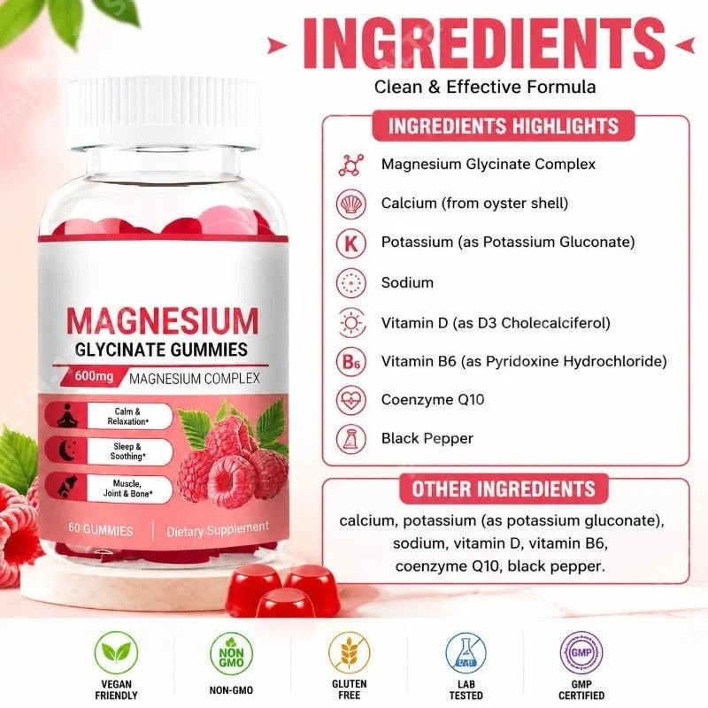 Magnesium Glycinate Gummies Vegan 600mg Magnesium Complex Chewable for Calm Relaxation and Sleep Soothing 60 Gummies