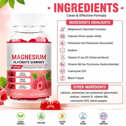 Magnesium Glycinate Gummies Vegan 600mg Magnesium Complex Chewable for Calm Relaxation and Sleep Soothing 60 Gummies