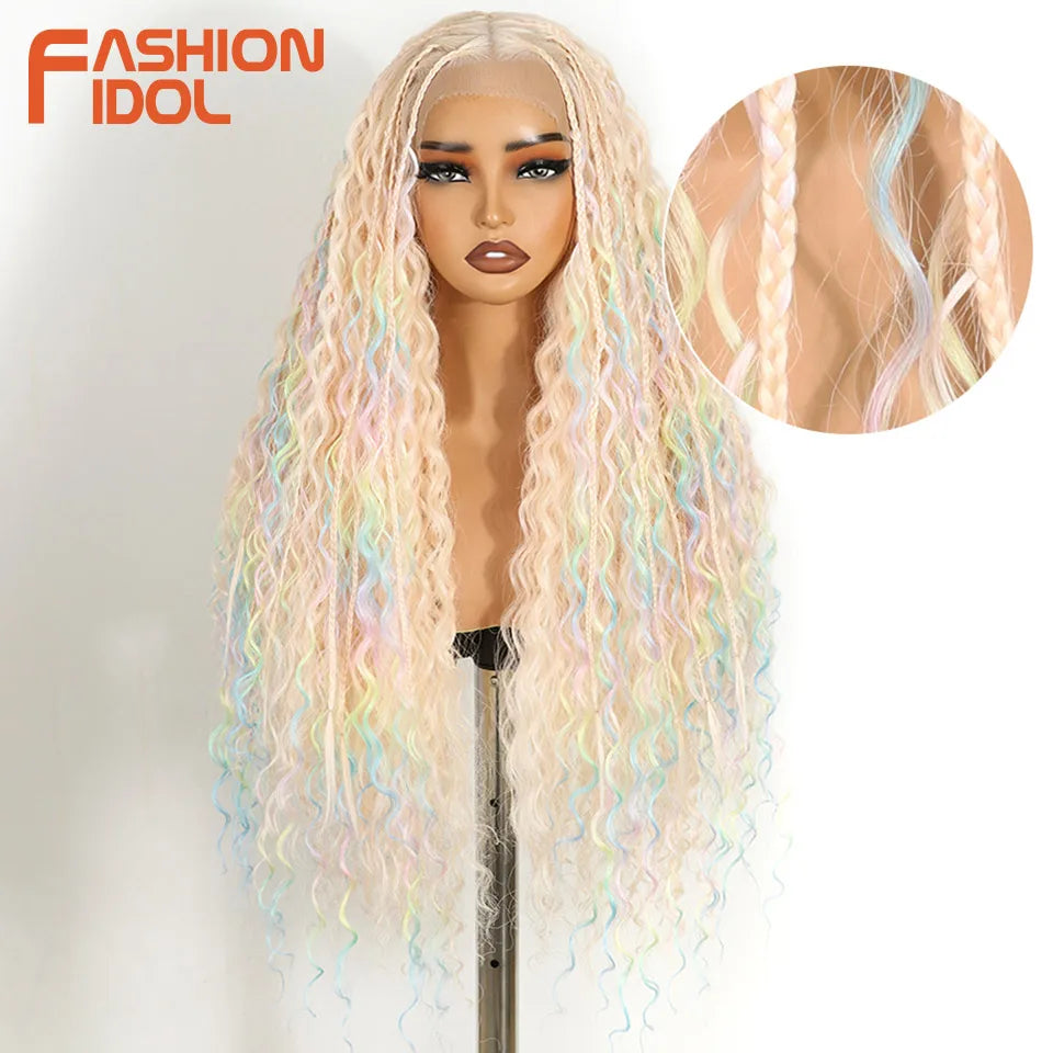 FASHION IDOL 13X4 Twist Box Braided Lace Wigs For Women Synthetic Lace Frontal Wigs Ivory White Faux Locs Goddess Braids Wigs