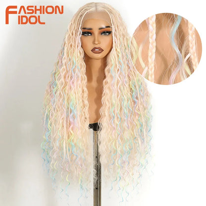 FASHION IDOL Twist Box Braided Lace Wigs Synthetic Brown 13X4 Lace Frontal Wigs For Black Women Goddess Faux Locs Braids Wigs
