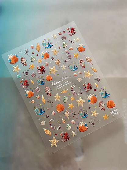 Silver Foil Ocean Nail Stickers 5D Embossed Starfish Shell Nail Art Decals Metallic Marine Manicure Decoration Summer DIY